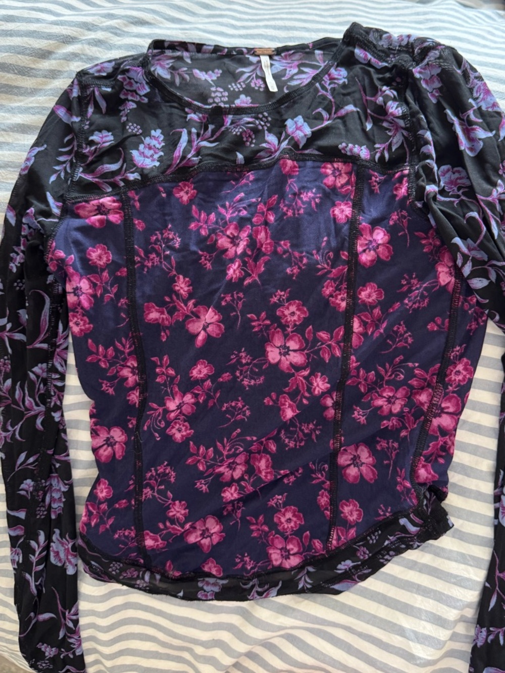 Free People Black Long Sleeve Floral Tee with Pink & Purple Flowers